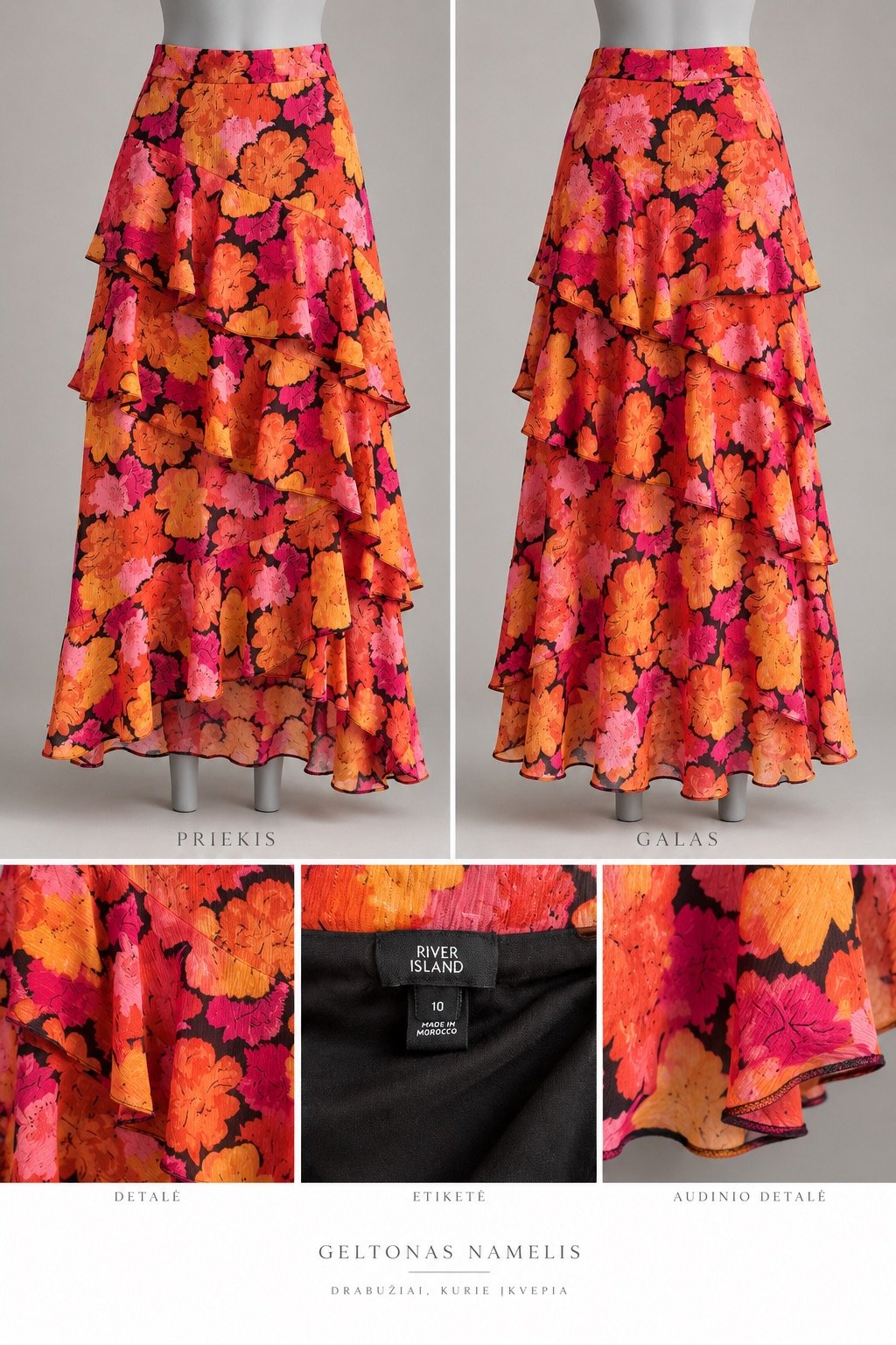 River Island ilgas gėlėtas sijonas su raukiniais